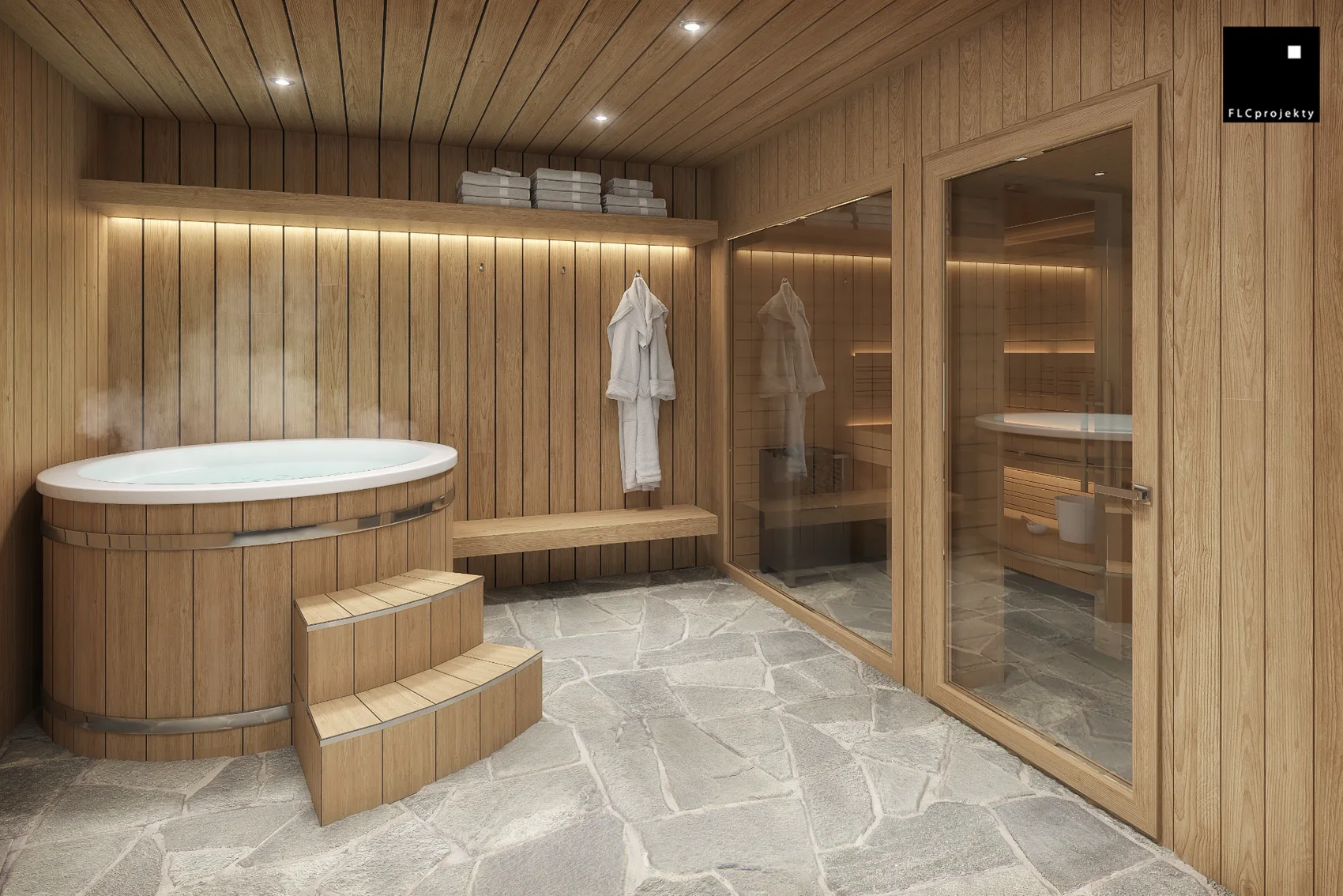 Drewniana strefa wellness z sauną